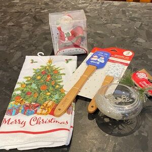 Christmas Kitchen Towel, Spatula Set, Santa salt and pepper shaker and ornament